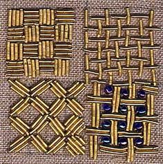 three pieces of woven fabric with blue beads on them, one is gold and the other has