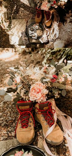 there are two pictures of shoes and flowers on the ground