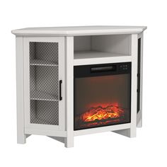 an electric fireplace with the door open to show it's fire and flame inside