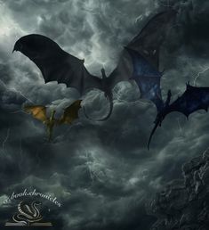 two dragon like creatures flying through the air on a cloudy day with lightning in the background