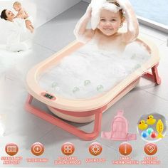 a baby sitting in a bathtub with toys around it and an advertisement on the side