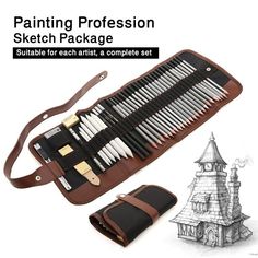 an artist's drawing tool set with leather case