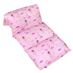 a child's futon bed with pink and yellow fairy print on the sheets