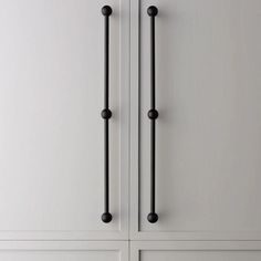 two black handles on white cabinets in a room