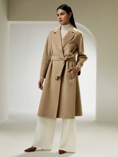 An epitome of timeless elegance and sophisticated style - Crafted from a luxurious wool-blend fabric, this coat offers a sumptuously soft and cozy feel, making it perfect for chilly days. The silhouette of this robe coat drapes beautifully over the body, with the waistline-accentuating matching belt. Wide shawl collar frames the face elegantly, adding a touch of elegance to any work and casual outfit. Womens Active Wear Outfits, Silk Clothes, Long Coat Women, Long Wool Coat, Long Kimono, Silk Wool, Active Wear Outfits, Cashmere Wool