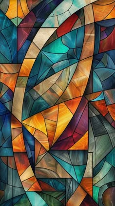 an abstract stained glass painting with many colors and shapes, including blue, orange, yellow,