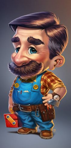 a caricature of a man with a beard and overalls holding a tool