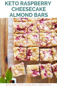 keto raspberry cheesecake almond bars on a cutting board with text overlay