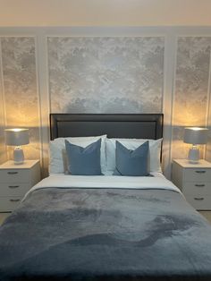 guestbedroom Bedroom Wallpaper Panels, Bedroom Wallpaper Panelling, Wallpaper For Guest Bedroom, Framed Wallpaper Behind Bed, Bedroom Wall Panelling With Wallpaper, Accent Wall Behind Bed Wallpaper, Panelling With Wallpaper Inside, Wall Panel Behind Bed, Wall Behind Bed Decor Ideas Master Bedrooms