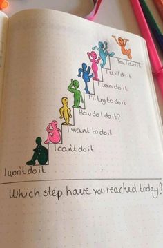 an open notebook with colorful stickers on it and writing in the pages that read, i don't do it which step have you reached today?