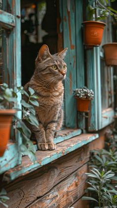 a cat sitting on top of a window sill next to potted plants