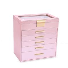 a pink filing cabinet with five drawers and gold handles on the front, against a white background