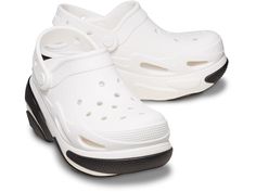 Crocs Bubble Crush Clogs - Slippers : White : Step into the future of fashion choosing the Crocs Bubble Crush Clogs, specially designed for the fashion-forward. These waterproof clogs feature an EVA upper and insole for maximum comfort, while the captivating bubble contours on the sole elevate your fashion game. With ventilation ports for breathability, these clogs are perfect for all-day wear. Unlined. Slip-on style with pivotal heel strap. Low-top silhouette. Round toe design. Platform heels. Rubber outsole. Imported. Measurements: Heel Height: 2 9 16 in Weight: 1 lb 2.52 oz Product measurements were taken using size Men's 9, Women's 11, width Medium. Please note that measurements may vary by size. Crocs Crush Clog, Work Sandals, Slippers White, White Crocs, Future Of Fashion, Clog Slippers, Chunky Shoes, The Bubble, Sandals For Sale