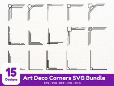 the art deco corners svg bundle is shown in black and white, with different angles