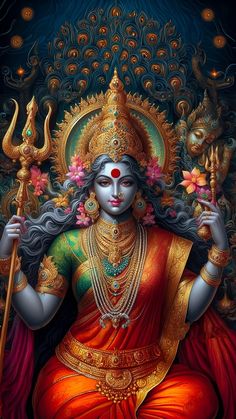 the hindu god is sitting in front of an ornate background with gold and red accents