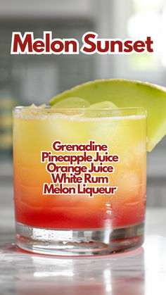 Melon Sunset Sunset Cocktail Recipe, Summer Rum Cocktails, Giggle Water, Orange Juice Cocktails, Cocktail Cards, Layered Cocktails, Midnight Margaritas, Juice Cocktails, Sunset Cocktail