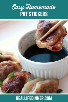 an easy homemade pot stickers recipe is shown in this pinter image with text overlay