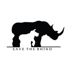 a black rhino silhouette with the words save the rhino on it's back and an image of a baby rhino eating grass