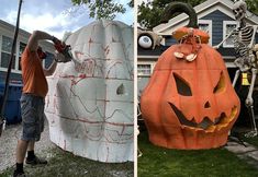 two pictures side by side one with a pumpkin and the other with a skeleton