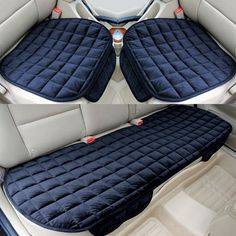 two pictures of the inside and outside of a car with seats in it, one is empty