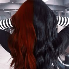 Dark Red Split Dye, Black N Red Hair, Black And Red Curly Hair, Black And Dark Red Hair, Black And Red Split Dye, Hair Stripping, Black Red Hair, Red Ombre Hair, Black Hair Aesthetic