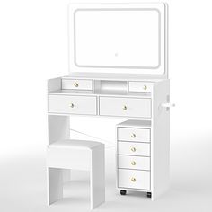 a white dressing table with mirror and stool on the bottom shelf is shown in front of a white background