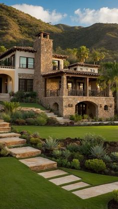 a house with steps leading up to it in the middle of a lush green yard