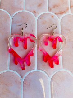 Chunky neon pink dripping heart drop earrings with sterling silver findings. Hand made and ready to ship! Dripping Heart, Heart Fire, Fire Earrings, Pink Fire, Sterling Silver Findings, Heart Earrings, Neon Pink, Jewelry Earrings Dangle