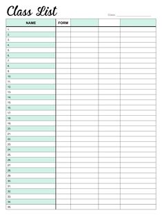 the printable class list for students