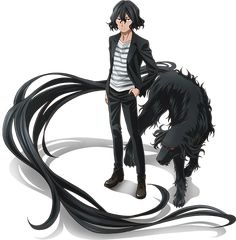 a man standing next to a black dog on top of a white ground with long hair