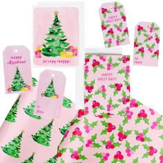 christmas wrapping paper and gift tags with holly tree designs on them, all printed in pink