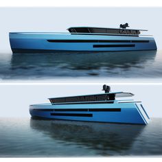 two views of a large blue boat in the middle of the ocean, one is floating on water