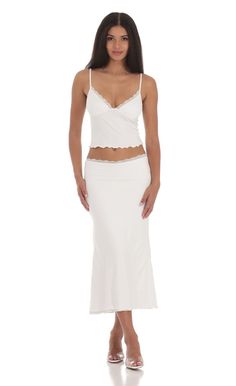 Lace Trim Maxi Two Piece Set in White | LUCY IN THE SKY White Two Piece Outfit, Two Piece Outfits Skirt, Skirt Set Outfit, Matching Top And Skirt, Recruitment Outfits, White Midi Skirt, Matching Sets Outfit, Casual Day Dresses, Grad Dresses