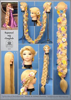 the instructions for how to make a braid with flowers and hair clips, including wigs