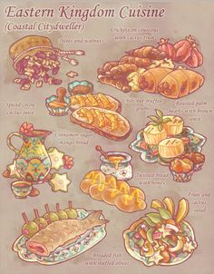 an old fashioned poster with some food on it's back side, including breads and other pastries