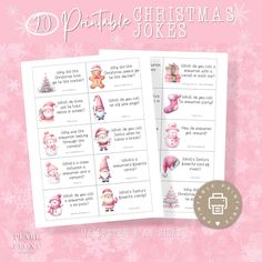 a christmas joke book with santa claus and snowflakes on the cover, in pink