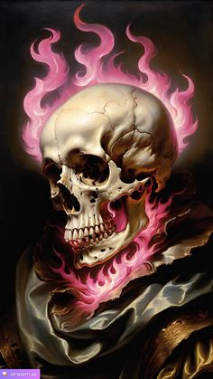 a painting of a skull with flames on it's face