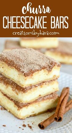 three pieces of cheesecake bars stacked on top of each other with cinnamon sprinkles