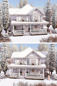 two pictures of a white house in the snow