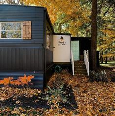 a tiny house in the woods with leaves on the ground