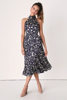 Summer Wedding Guest Dresses - Summer Wedding Outfits - Lulus Summer Wedding Guest, Summer Wedding Guests, Garden Party Dress, Elegant Attire, Navy Floral Dress, Guest Attire, Wedding Attire Guest, Halter Midi Dress, Flowy Maxi Dress