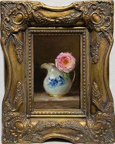 a painting of a vase with a pink flower in it