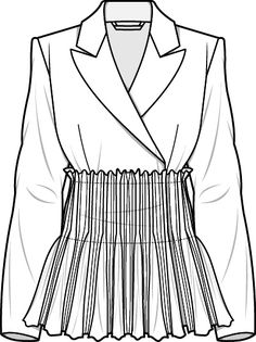 a women's jacket with pleating on the bottom and collar, in black and white