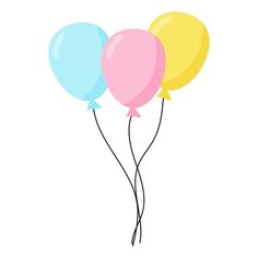 three balloons are floating in the air on a white background, one is pink and one is blue