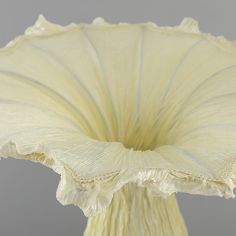 a white vase with an intricate design on the top and bottom, sitting against a gray background