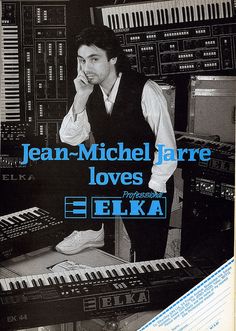 an advertisement for jean - michel jarre loves elka, with a man standing in front of the keyboard