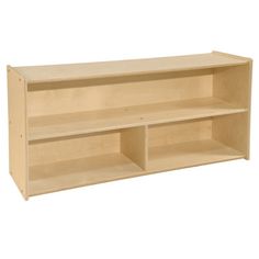 a wooden shelf with two open shelves on each side