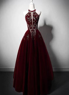 Wine Red Velvet Beaded Halter Long Formal Dress Royal Red Dress, Christmas Formal Dress, Prom Dresses Lace Sleeves, Yellow Homecoming Dresses, Velvet Formal Dress, Purple Homecoming Dress, Burgundy Homecoming Dresses, Grey Prom Dress, Beaded Party Dress