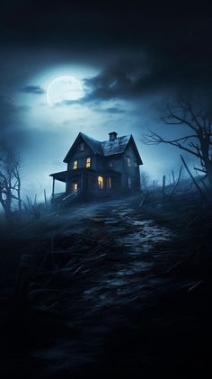 a creepy house in the middle of a field at night with full moon and fog