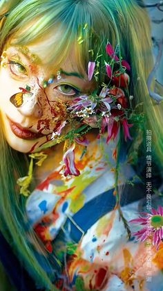 a woman with green hair and flowers on her face